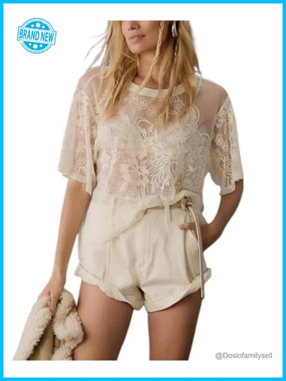 Lace Mesh Blouse Short Sleeve Sheer 3D Floral Layering Top
